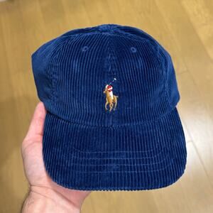 RARE Polo Ralph Lauren Corduroy Hat Leather Strapback Cap Blue Multi Pony
